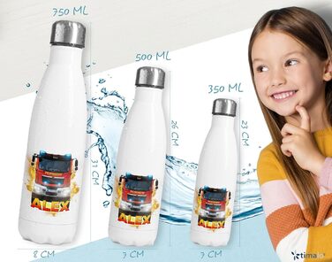 Дитяча іменна термобутилка timalo® з нержавіючої сталі, дизайн пожежна машина, герметична пляшка для води 750 мл для хлопчиків і дівчаток