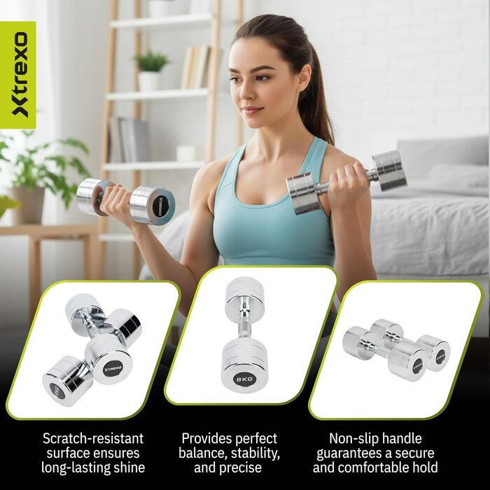 Набір гантелей XTREXO 2 шт. (2.5-12 кг) з хромованою поверхнею, сталеві, з неслизьким грифом – для силових тренувань вдома та у спортзалі