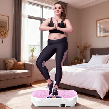 Віброплатформа для дому Pink з 120 рівнями інтенсивності та 5 програмами, з гумовими амортизаторами та пультом ДУ для схуднення, формування тіла та нарощування м'язів. Компактний домашній тренажер.