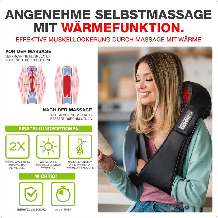 Масажер для шиї Donnerberg Shiatsu з підігрівом, вібрацією, TÜV сертифікований, гарантія 7 років, чорний