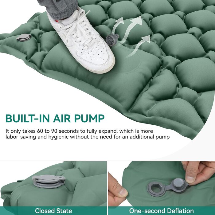 Килимок для кемпінгу YITAHOME самонадувний, ультралегкий, з вбудованим насосом та подушкою. Килимок для відпочинку на природі, подорожей та кемпінгу (зелений)