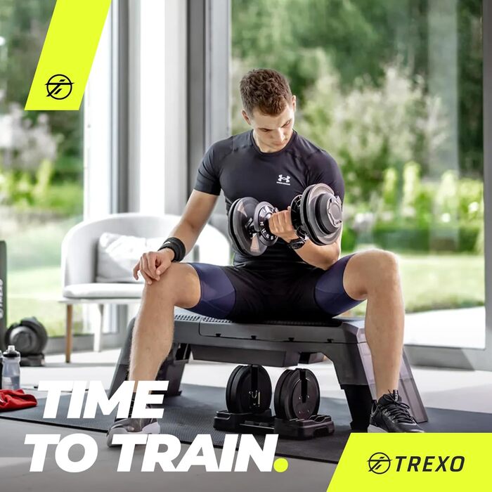 Регульована гантель TREXO 18-40 кг з поворотним регулятором ваги. Залізна гантель для силових тренувань з ергономічною ручкою.