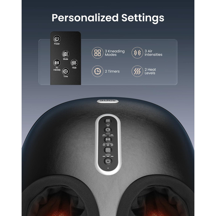 Масажер для ніг RENPHO з підігрівом, Shiatsu масажер для ніг при фасціїті, подарунок на Різдво, бездротове керування, голосове керування (Новинка), чорний