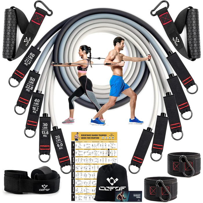 Набір еластичних стрічок для фітнесу Resistance Bands, 5 шт. з великими ручками, фіксатором для дверей та сумкою, для силових тренувань та пілатесу (200lbs)