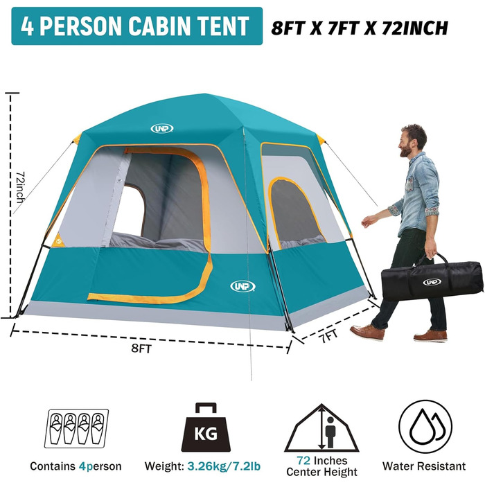 Намет кемпінговий 4-8 осіб Campingzelt Ozeanblau, водонепроникний з тентом, для кемпінгу, туризму та трекінгу, висота стелі 180 см, 240x210x180 см