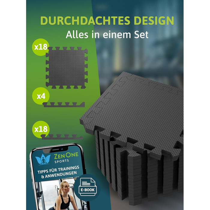 Пазл-килимок для фітнесу ZenOne Sports® 30x30x1 см (18 шт., 1.5 м²) - захисний килимок для тренажерів, чорний