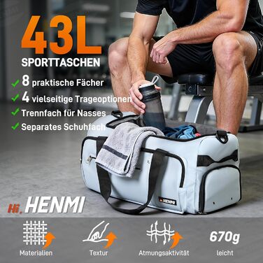 Спортивна сумка HENMI для залу та подорожей, містка сумка для спорту 43Л з відділенням для взуття та вологих речей, складана дорожня сумка (Синя)