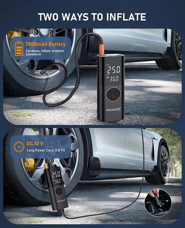 Портативний електричний компресор FEEGAR 150PSI для шин, акумулятор 7800mAh, павербанк, 12V DC, USB-C, LCD-екран, велосипедний насос з цифровою індикацією та ліхтарем