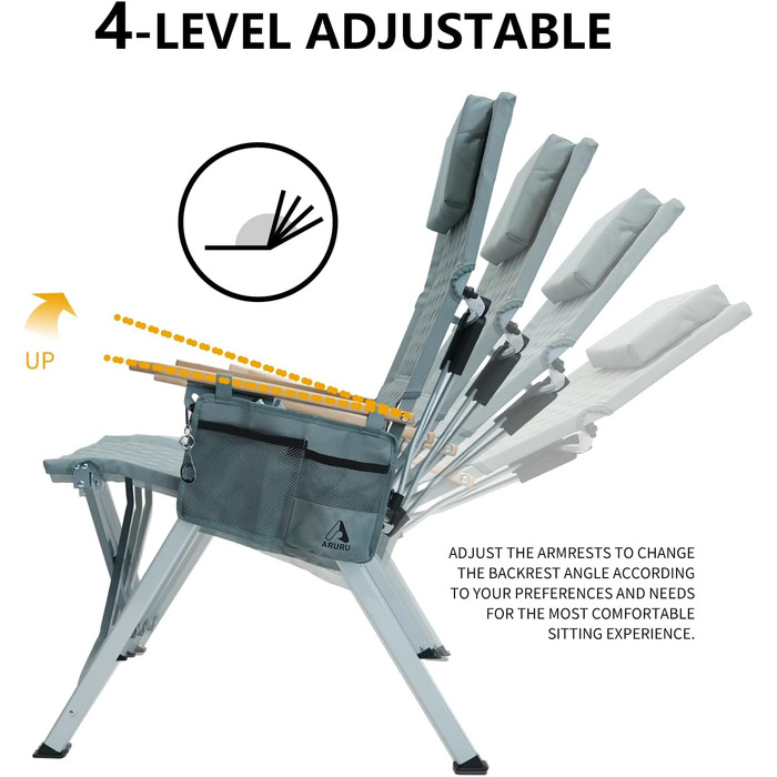 Крісло для кемпінгу складне, з регульованою спинкою в 4 положеннях, до 150 кг, з підстаканником та бічною кишенею, для риболовлі, відпочинку на природі, саду, балкону (Цянь)