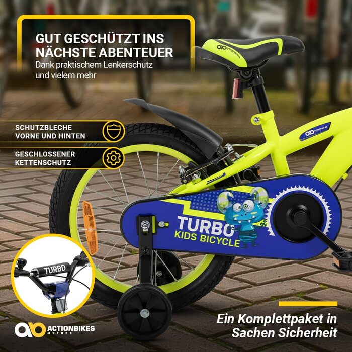 Дитяче велосипед Actionbikes Turbo 12/16 дюймів - V-Brake гальма, захистники, для дівчаток та хлопчиків (2-7 років)