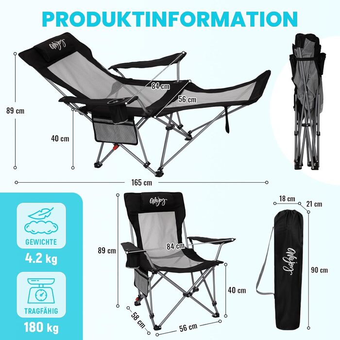 Крісло для кемпінгу WEJOY 2-в-1 з підніжкою, 180 кг, пляшкотримач, регульована спинка, чорний