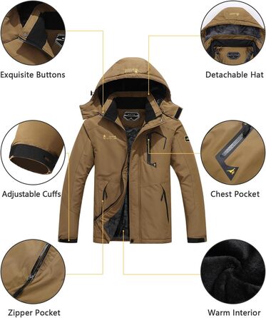 Чоловіча лижна куртка Berg Windbreaker, тепла зимова, непромокальна, для сноуборду та катання на лижах, з капюшоном, коричнева, XXL