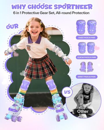 Дитячі ролики Sportneer з захистом, регульовані ролики з 8 світлими колесами, для дівчаток, дітей, підлітків, початківців, для занять в приміщенні та на вулиці, фіолетовий S (EU 30-33)