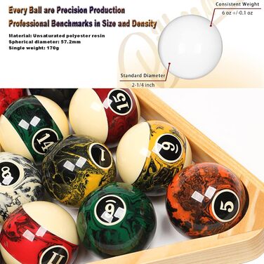 Набір для більярду преміум-класу, 16 куль, мармур-стиль, 5.4 см, чорний мармур