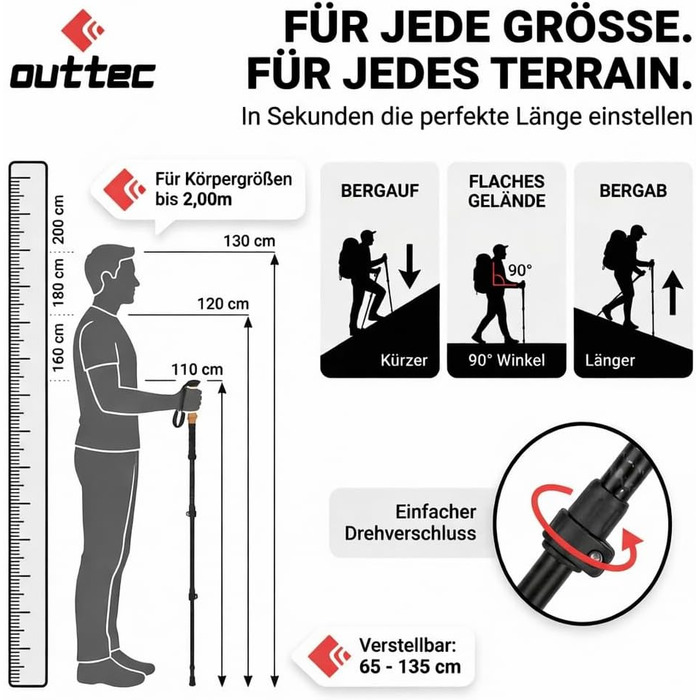 Телескопічні трекінгові палиці для скандинавської ходьби та гірських походів, ультралегкі палиці для Nordic Walking з гумовими наконечниками, регульовані (65-135 см), чорні