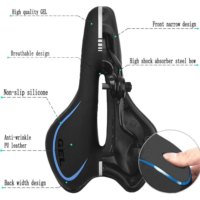 Велосипедне сідло з гелевою вставкою, ергономічне, амортизоване, дихаюче, для BMX/шосе/MTB (Блакитне)