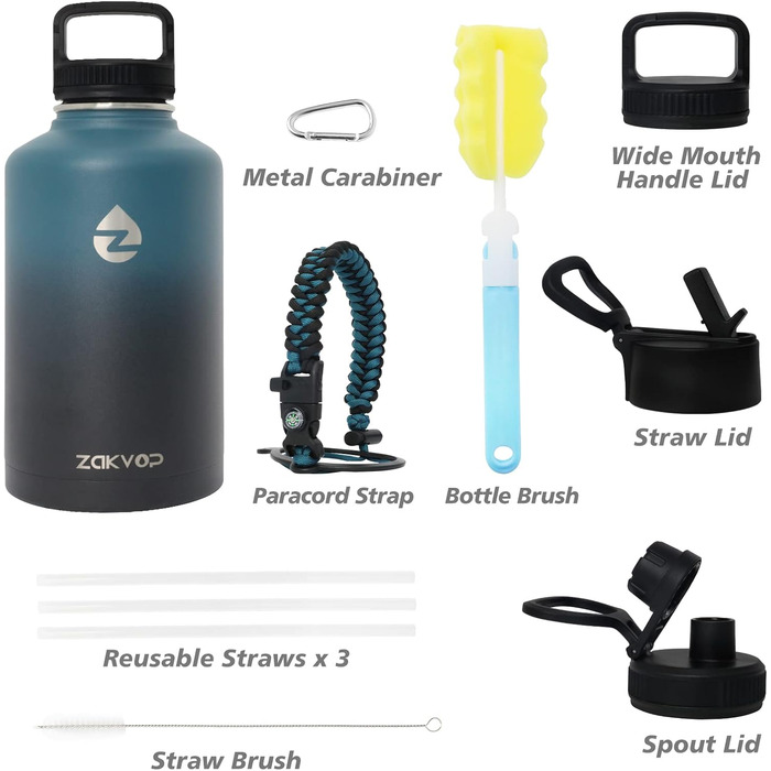 Термос-пляшка 2L з нержавіючої сталі з трубочками та 3 кришками, термос-пляшка з паракордом, термокана 2 літри з щіткою для миття, для фітнесу (Синій+Чорний)