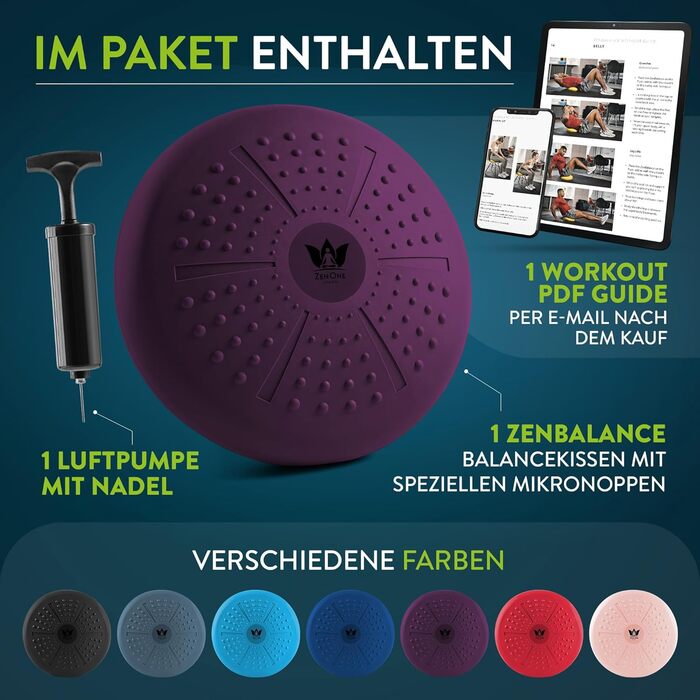 Кішн Balance ZenOne Sports® для координації та тренування спини. Ортопедичний, повітряний, з насосом та інструкцією. Ідеально для фітнесу та реабілітації