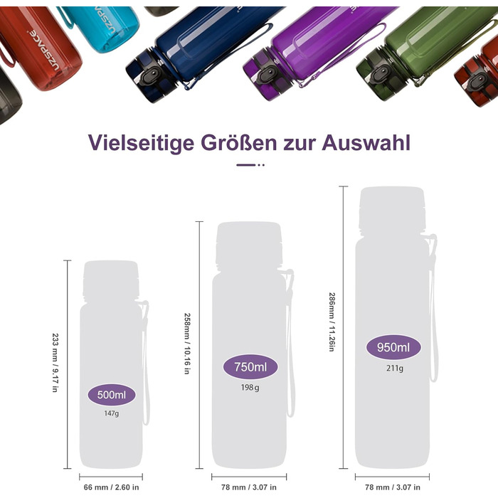 Вода пляшка UZSPACE 750 мл Tritan, без BPA, для спорту та активного відпочинку, фіолетовий