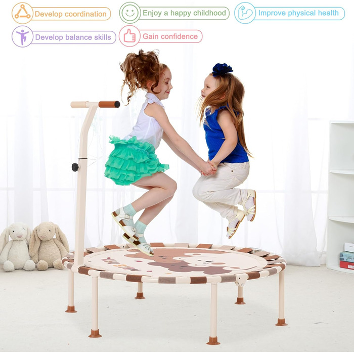 Батут дитячий для дому та саду Ø101 см з регульованою ручкою та пружинним ременем, батут для фітнесу для хлопчиків та дівчаток від 3 років, до 80 кг, бежевий