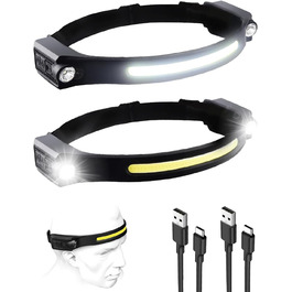 Ліхтар на голову LED перезаряджається, 1200 люмен, сенсор, 2 прожектори, 230°, COB, 5 режимів, 12 годин роботи, IPX4, водонепроникний, для бігу, кемпінгу, чорний