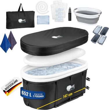 Зручна складана ванна для дорослих 147x74x60 см – комплект з аксесуарами для теплої та холодної ванни, портативна, для дому та відпочинку на природі, чорно-біла, MelodieGesund