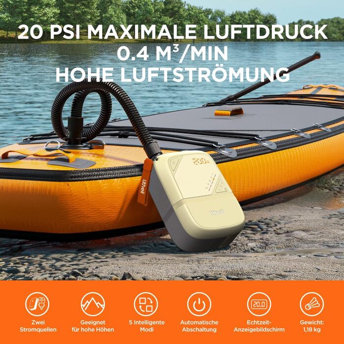 Електричний насос Litheli для SUP дошки: 20 PSI, акумулятор 12500mAh, автоматичне надування/здування, безпечне вимкнення