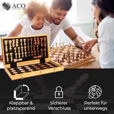 Шаховий набір ACO з шаховою книгою, 38 x 38 см: шахи та шашки з горіха, складаний, з магнітами та сумкою для перенесення