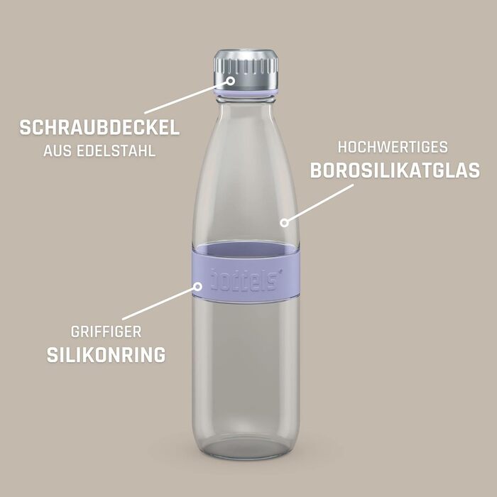 Скляна пляшка для води boddels DREE 650 мл з неопреновим чохлом, боросилікатне скло, герметична, з гвинтовою кришкою, захисний чохол, для спорту, школи, університету, без BPA, лавандово-синя