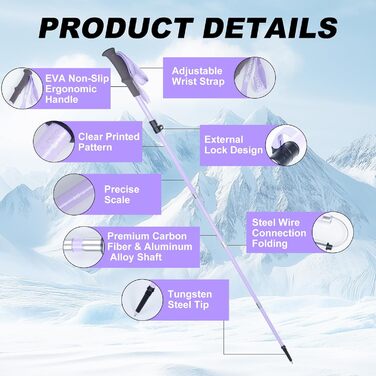 Телескопічна палиця для скандинавської ходьби Qoosea для жінок, вуглецеве волокно, складана трекінгова палиця 110-125 см з гумовим наконечником та сумкою (фіолетова)
