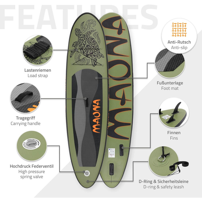 Надувний SUP Борд ECD Germany: SUP Борд Stand Up Paddle Board для Каякінгу, Розміри 305/308/320/380 см, до 120/150 кг, Товщина 10/15 см, Комплект з Рюкзаком та Сидінням для Каяка, Olive