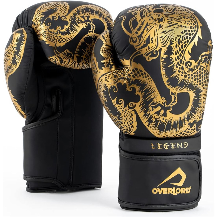 Боксерські рукавички Overlord® Legend I для кікбоксингу, спарингу, боксу та MMA. Чоловічі боксерські рукавички різних розмірів (чорний та золотий, 8 oz.)