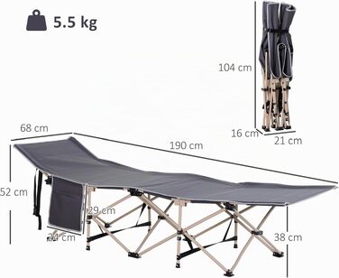 Розкладне кемпінгове ліжко Outsunny для відпочинку та походу, 190 x 68 x 52 см, до 150 кг, сіре