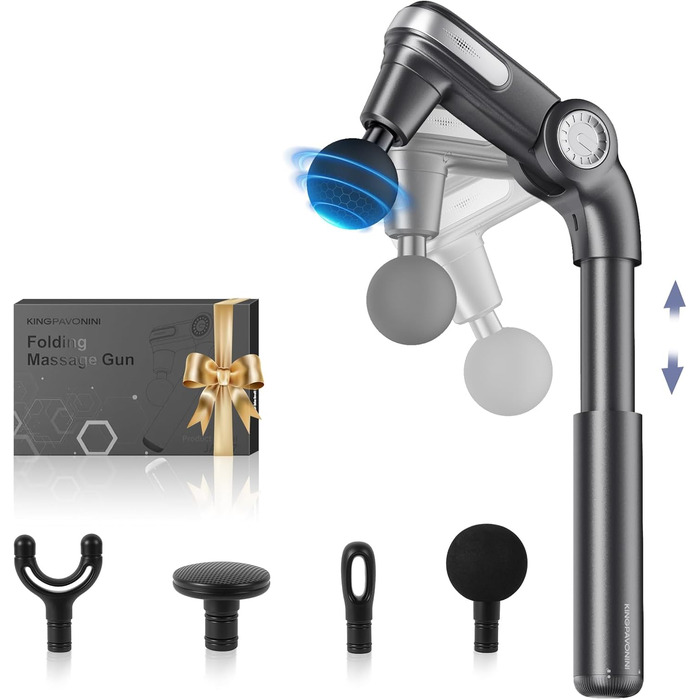 Масажер для тіла KingPavonini з висувним руків'ям та відкидним голівкою: масажна пістолета для спини з 3 кутами налаштування та 4 насадками, подарунок для чоловіків та жінок (сірий)