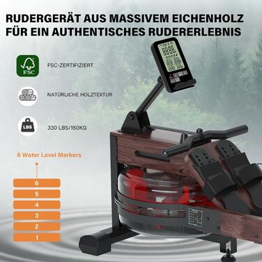 Водний весловий тренажер LESUNFIT з масиву дуба, Bluetooth монітор, підтримка Kinomap, приймач пульсу, комфортне сидіння, подвійна рейка, навантаження до 150 кг
