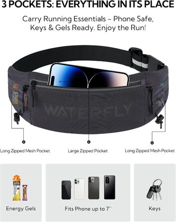 Поясна сумка для бігу WATERFLY: тримач для телефону, поясна сумка для джогінгу (чоловіча/жіноча), три відділення, для марафону та тріатлону, темно-сіра