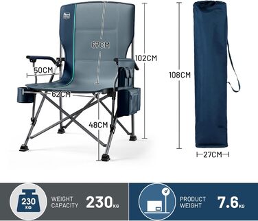 Складний туристичний стілець Timber Ridge XXL, 230 кг, широке сидіння 62 см, висока спинка, підсклянник, міцні підлокітники для кемпінгу, пікніка, саду та балкону (Блакитний, 1 шт)