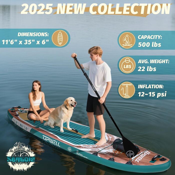 SUP-дошка Upwell 350x89 см, надувна, з сидінням, 2+1, для дорослих та підлітків, Sequoia Green - комплект з рюкзаком, веслом, лішем та помпою