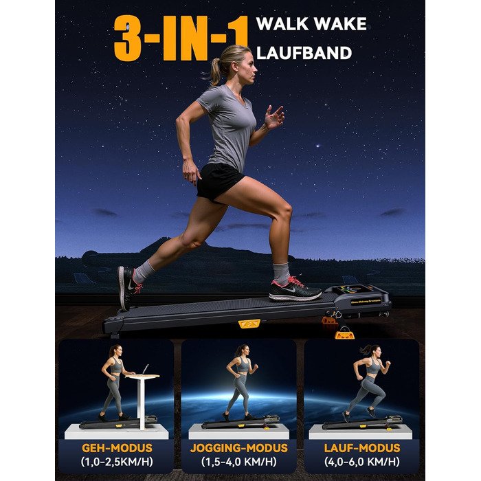 Біговий тренажер з нахилом 10%, Компактний біговий стіл для дому та офісу, Walking Pad, вантажопідйомність 150 кг, 2.5HP тихий мотор, портативна бігова доріжка з пультом керування 1-6 км/год, жовтий