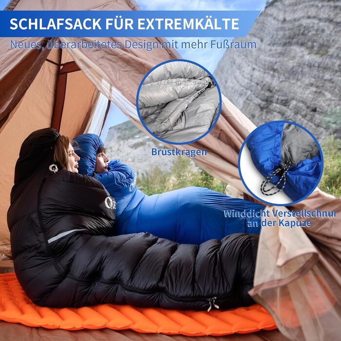 Сплячий мішок пуховий, 4-сезонний, зимовий -3°C до -20°C. Підходить для кемпінгу, походів та відпочинку на природі для дорослих та дітей. Чорний та блакитний кольори.