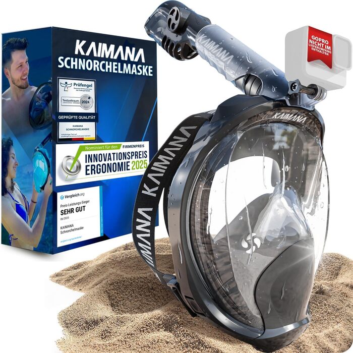 Маска для снорклінгу KAIMANA® для дорослих та дітей: повне обличчя, безпечна від CO2, чорна + сумка