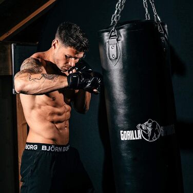 Боксерський мішок GORILLA SPORTS® 37 кг, наповнений, з металевою ланцюгом та карабінами, штучна шкіра, чорний - для боксу, MMA