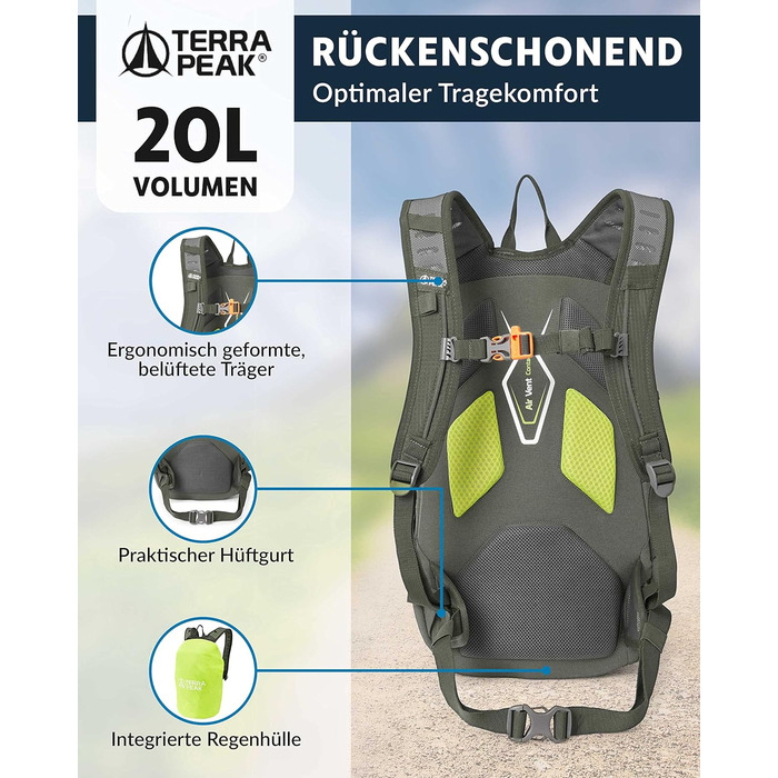 Туристичний рюкзак 20 л Wanderrucksack Active 20 Premium, з вентильованою спинкою, дощовиком та кріпленням для питної системи, з дихаючої сітки 3D Air Mesh, з поясним ременем, оливковий