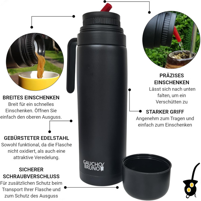 Термос для мате Yerba Mate з нержавіючої сталі, 1 л, ізольований, з ручкою та гвинтовою кришкою, для гарячих і холодних напоїв