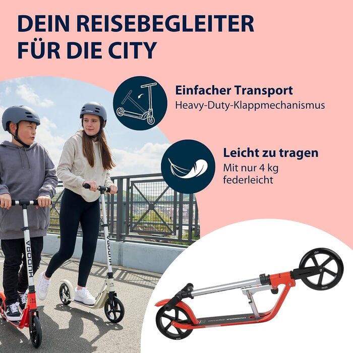 Самокат HUDORA BigWheel Pure міський, алюмінієвий, складаний, з підніжкою, регульований по висоті, для дорослих і підлітків, до 100 кг