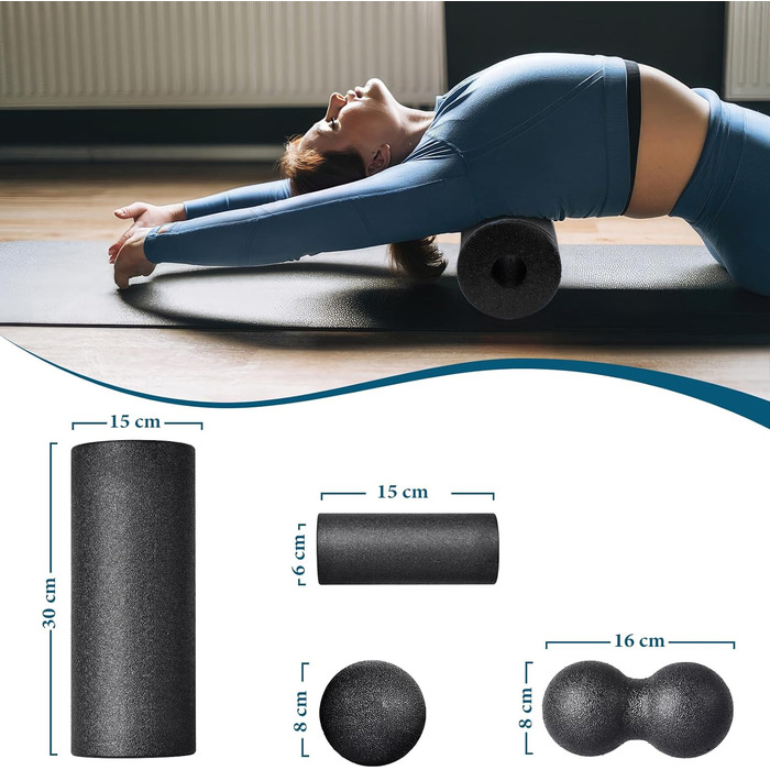 Набір для міофасціального релаксу: Foam Roller, м'ячик для фасції, міні-ролик, дуобол, для йоги та масажу (Синій/Чорний)