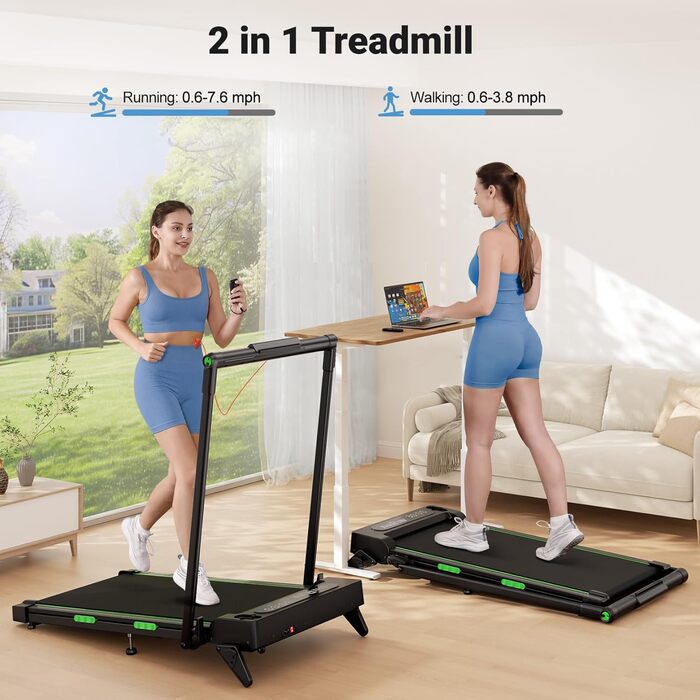 Біговий тренажер THERUN для дому, складний, з нахилом, 3 в 1 Walking Pad з 3 рівнями нахилу, 2.5PS, біговий стіл, подвійне покриття для захисту колін, темно-зелений (Турквіс)