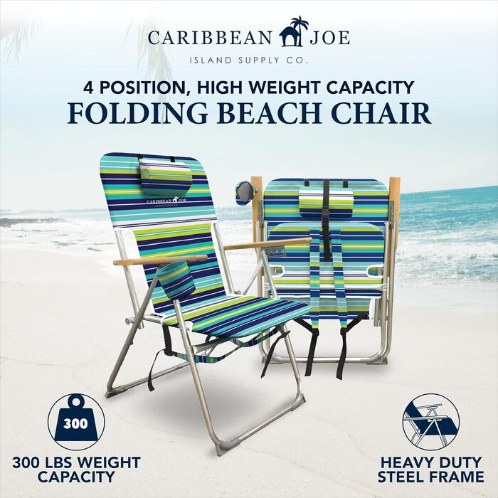 Складаний пляжний стілець-рюкзак CARIBBEAN JOE з підголівником, підстаканником та дерев'яними підлокітниками, смугастий, лаймовий, витримує до 136 кг