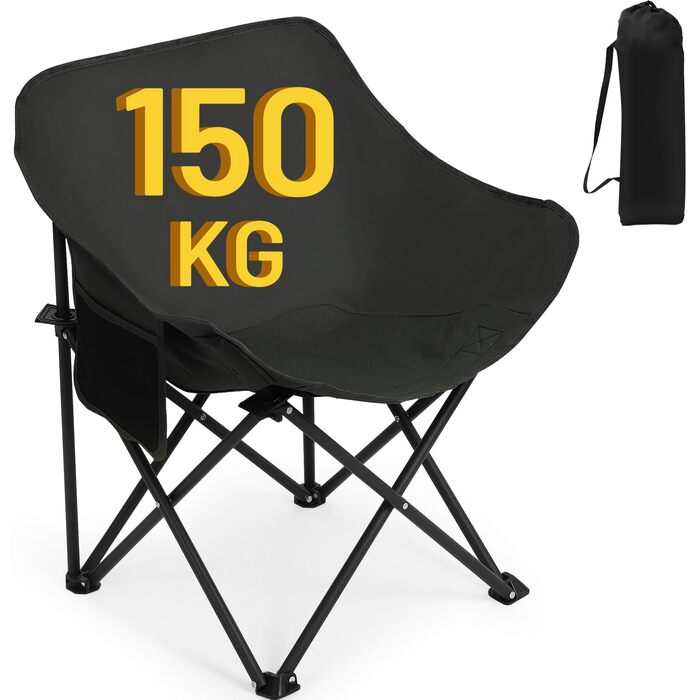 Крісло для кемпінгу Hausprofi складне, 150 кг, чорне. Зручне, з сумкою для перенесення, для пікніків, відпочинку на природі та риболовлі