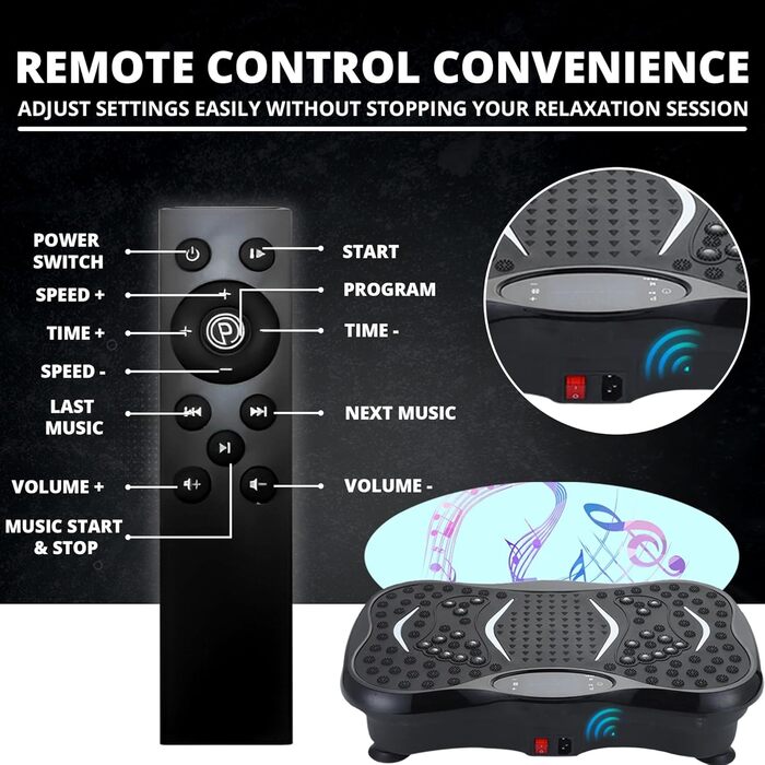 Платформа для тренувань MAXSTRENGTH з вібрацією | 99 рівнів інтенсивності та 5 програм | Тренування всього тіла | Домашні фітнес-прилади з Bluetooth-динаміками та еластичними стрічками (Чорний)